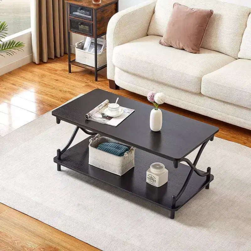 Table basse en bois avec rangements et étagères ouvertes Table rectangulaire moderne avec cadre en X
