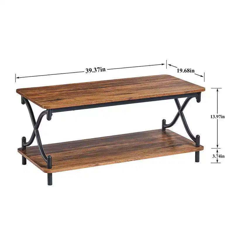 Table basse en bois avec rangements et étagères ouvertes Table rectangulaire moderne avec cadre en X