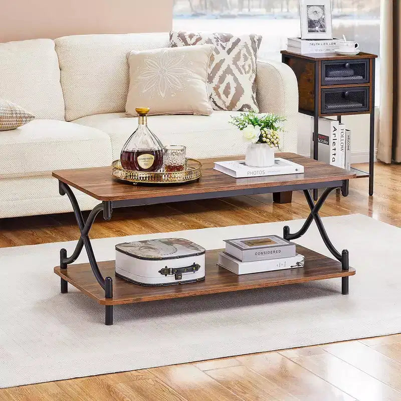 Table basse en bois avec rangements et étagères ouvertes Table rectangulaire moderne avec cadre en X