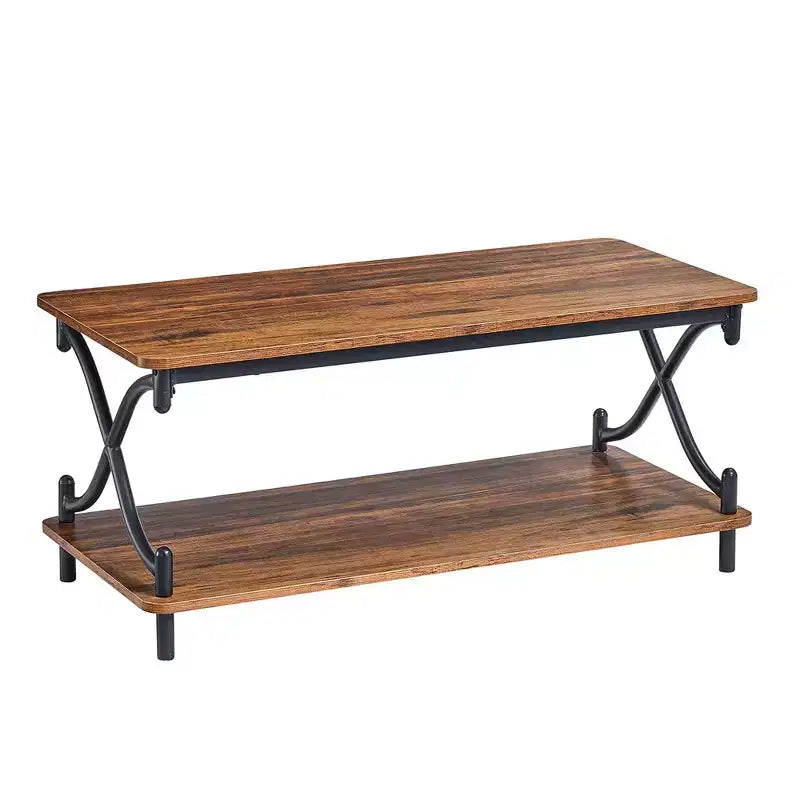 Table basse en bois avec rangements et étagères ouvertes Table rectangulaire moderne avec cadre en X