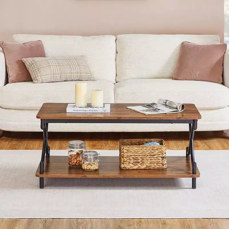 Table basse en bois avec rangements et étagères ouvertes Table rectangulaire moderne avec cadre en X