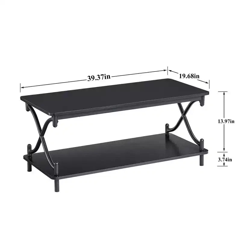 Table basse en bois avec rangements et étagères ouvertes Table rectangulaire moderne avec cadre en X