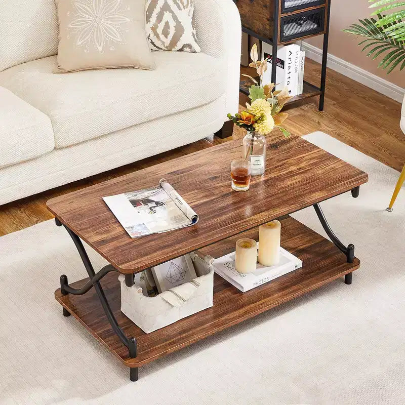 Table basse en bois avec rangements et étagères ouvertes Table rectangulaire moderne avec cadre en X