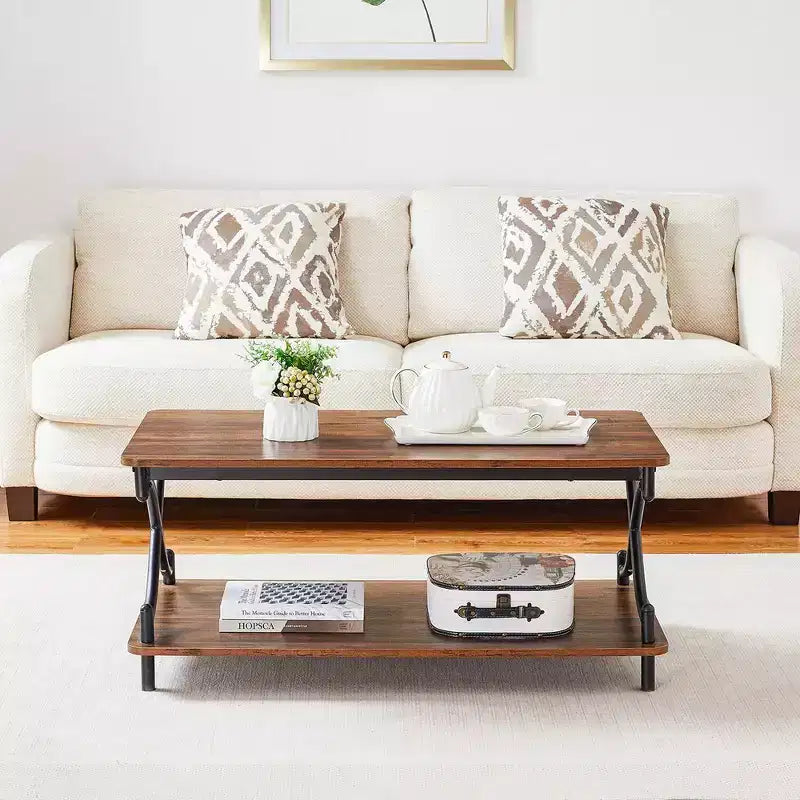 Table basse en bois avec rangements et étagères ouvertes Table rectangulaire moderne avec cadre en X