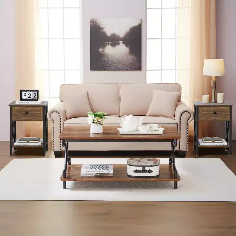 Table basse en bois avec rangements et étagères ouvertes Table rectangulaire moderne avec cadre en X