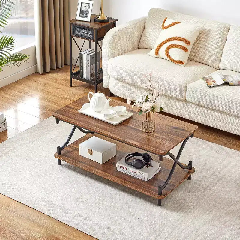 Table basse en bois avec rangements et étagères ouvertes Table rectangulaire moderne avec cadre en X