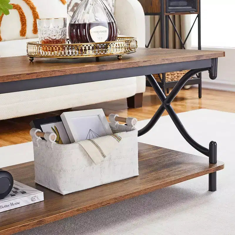 Table basse en bois avec rangements et étagères ouvertes Table rectangulaire moderne avec cadre en X