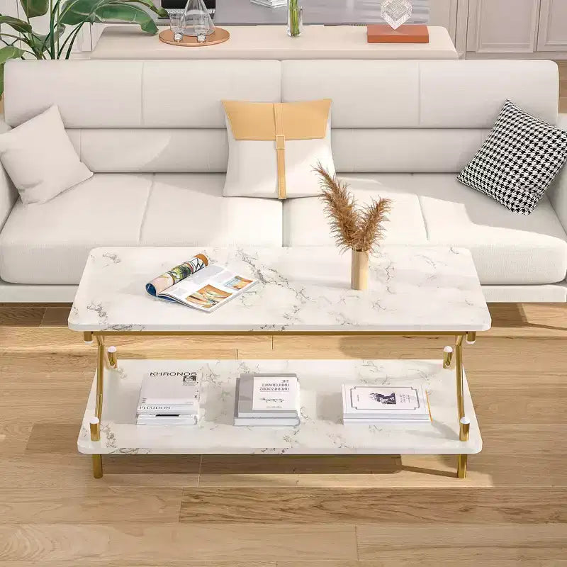 Table basse en bois avec rangements et étagères ouvertes Table rectangulaire moderne avec cadre en X