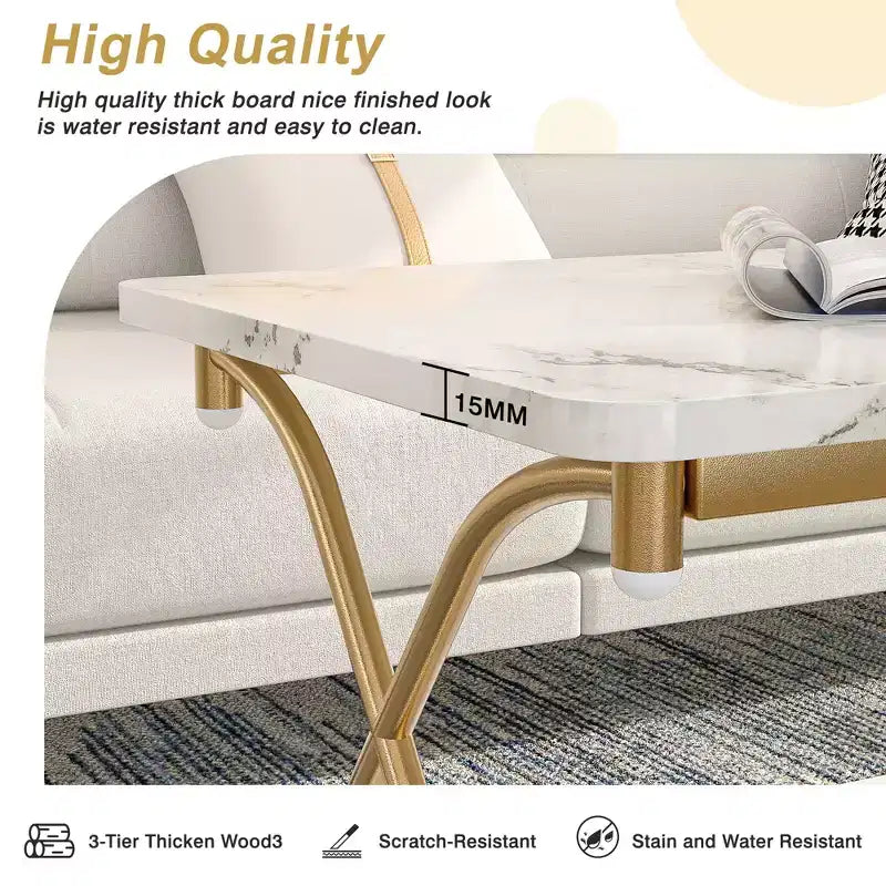 Table basse en bois avec rangements et étagères ouvertes Table rectangulaire moderne avec cadre en X