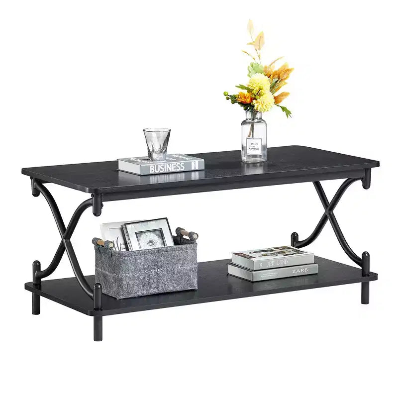 VECELO Wooden Coffee Table with Storage and Open Shelves Modern Rectangle Table with X-Shaped Frame
