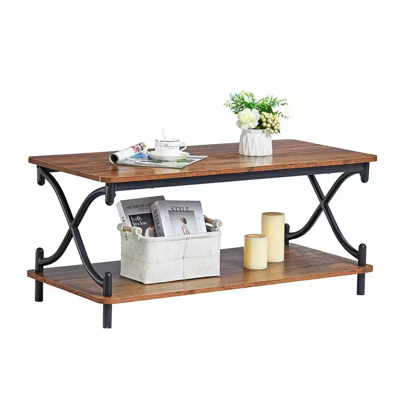 Table basse en bois avec rangements et étagères ouvertes Table rectangulaire moderne avec cadre en X