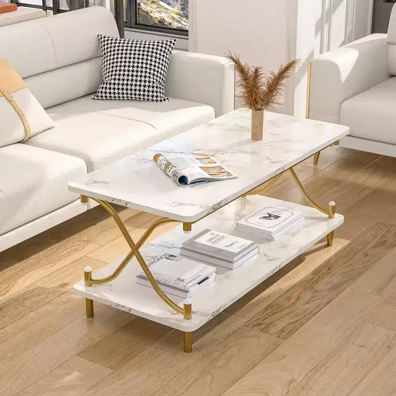 Table basse en bois avec rangements et étagères ouvertes Table rectangulaire moderne avec cadre en X