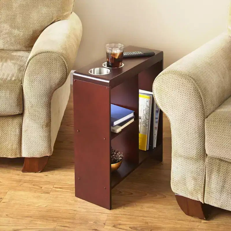 Table d'appoint fine avec porte-gobelets et étagères intégrées
